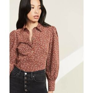Veronica Beard Moore puff sleeve button up shirt in nutmeg multi small corduroy